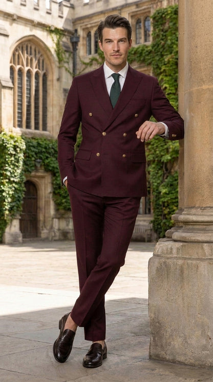 Men’s Burgundy Slim Fit Double Breasted Suit with Gold Buttons, Designer Formal Wedding Suit