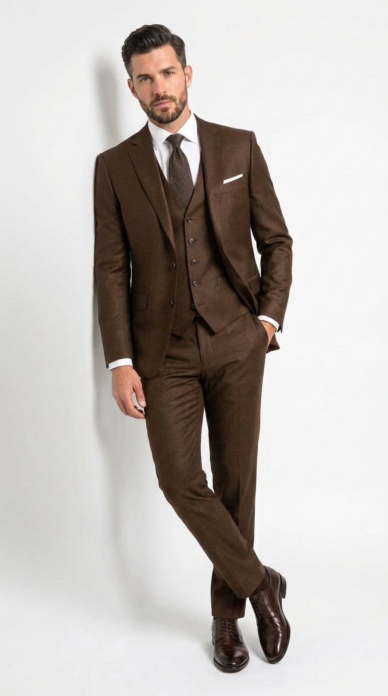 Men’s Chocolate Brown One Button Tuxedo Suit, Formal Groom Wedding Prom Dinner Suit