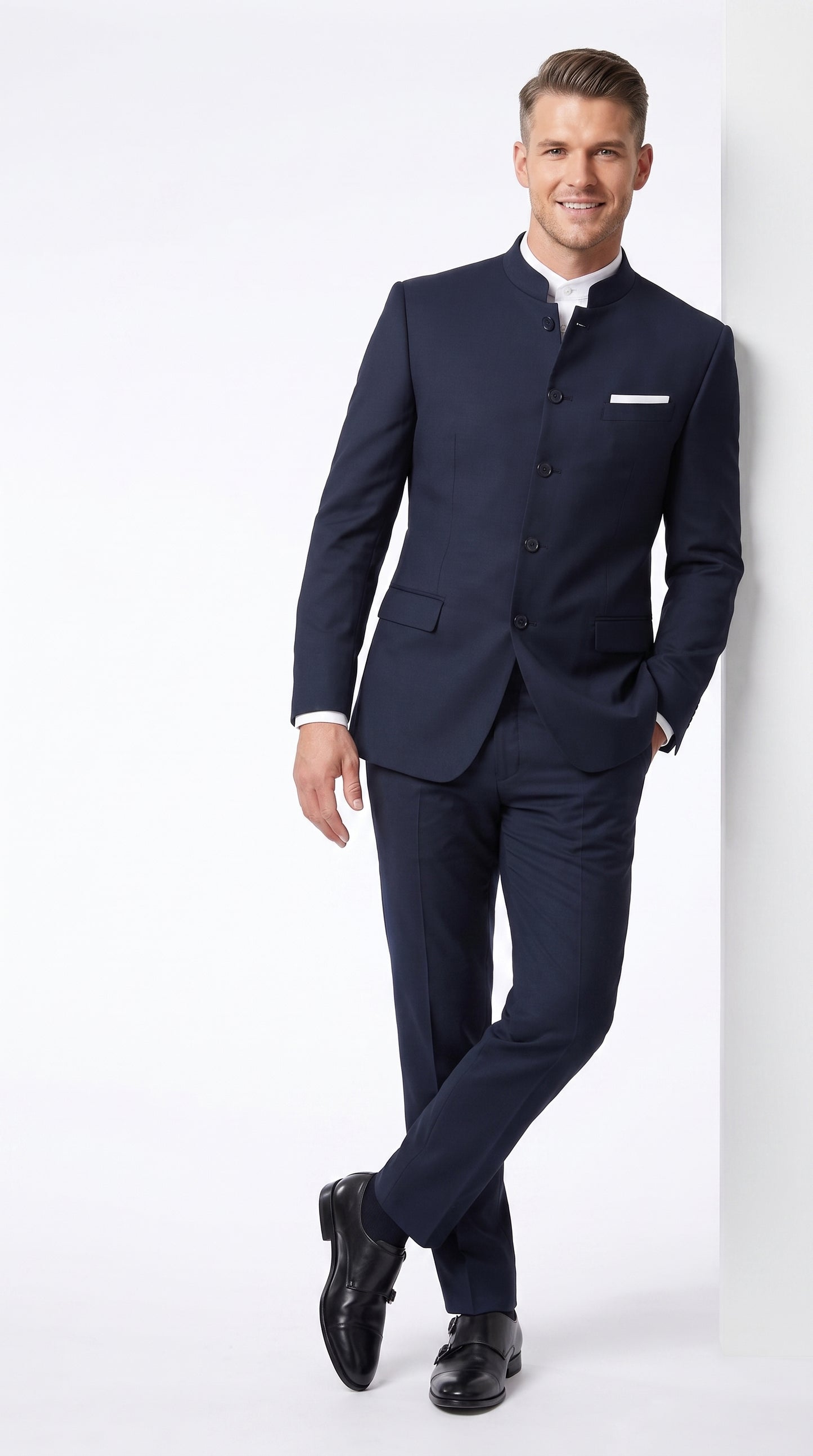 Men’s Dark Navy Blue Mandarin Collar Suit, Banded Collar Formal Wedding Business Dress Suit