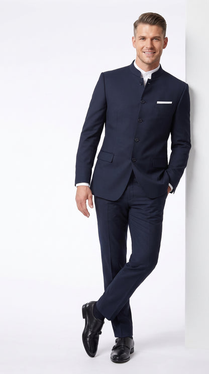 Men’s Dark Navy Blue Mandarin Collar Suit, Banded Collar Formal Wedding Business Dress Suit