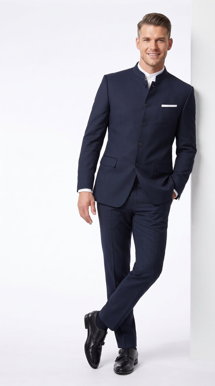 Men’s Dark Navy Blue Mandarin Collar Suit, Banded Collar Formal Wedding Business Dress Suit