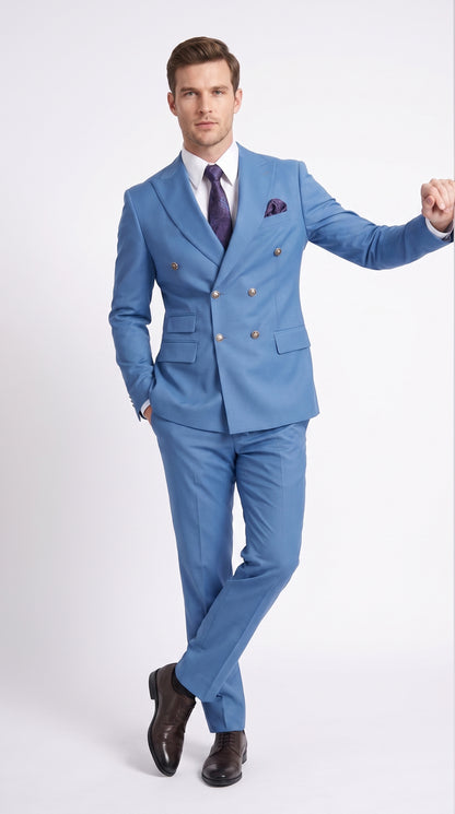 Men’s Sky Blue Double Breasted Suit with Gold Buttons, Designer Formal Wedding Business Suit