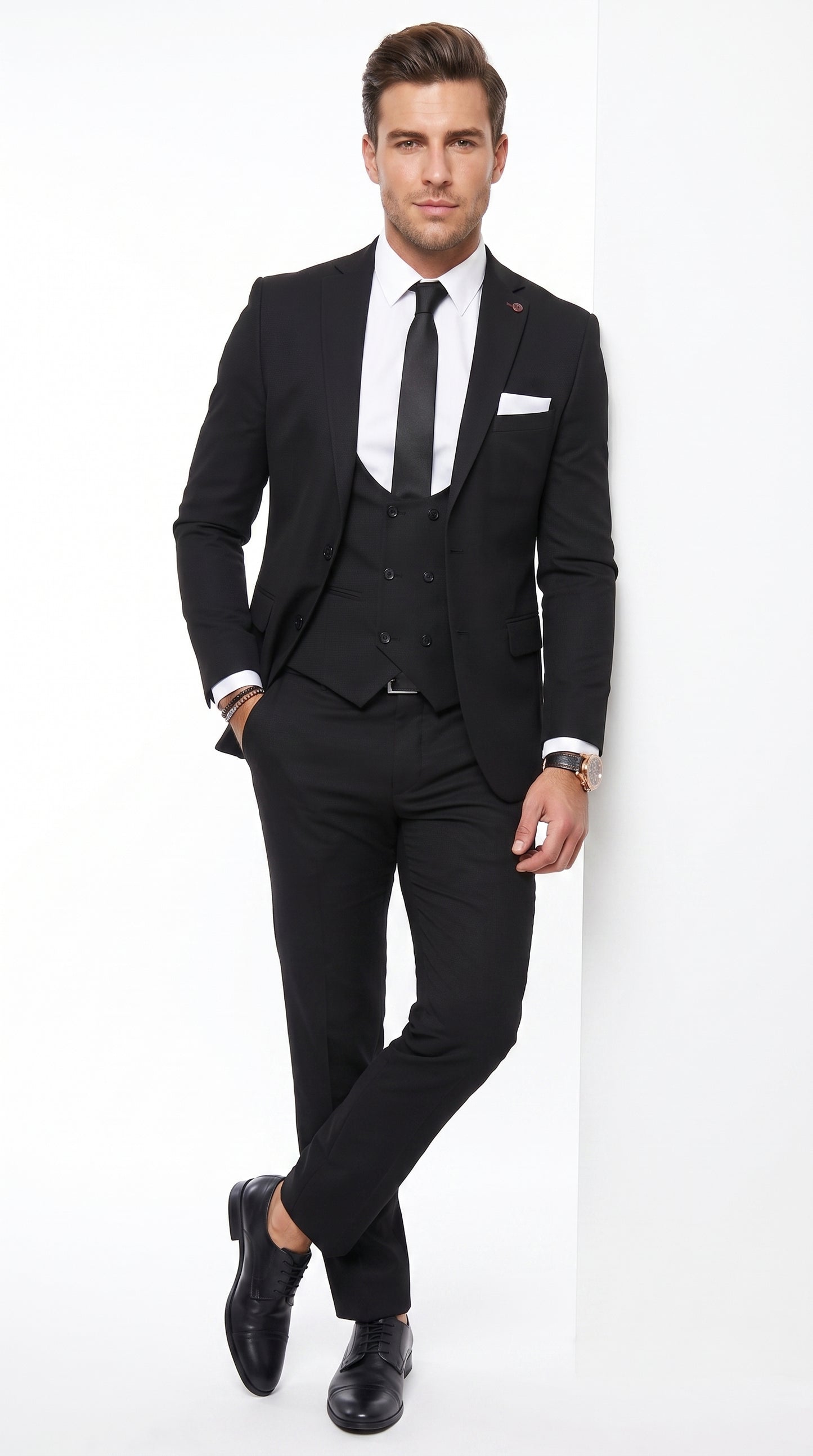 Men’s Black 2 Button Suit with Double Breasted Vest, White Shirt and Black Tie Formal Set