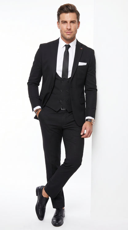 Men’s Black 2 Button Suit with Double Breasted Vest, White Shirt and Black Tie Formal Set
