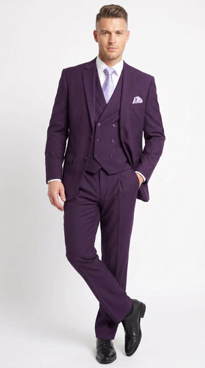 Men’s Purple Two Button Fashion Suit with Double Breasted Vest, Formal Wedding Prom Dress Suit