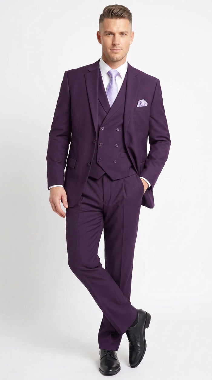 Men’s Purple Two Button Fashion Suit with Double Breasted Vest, Formal Wedding Prom Dress Suit