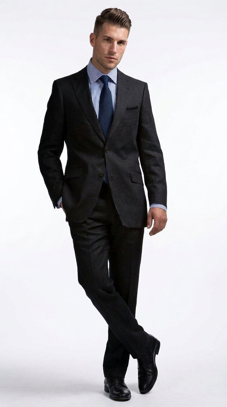Men’s Black Linen Summer Suit – Big & Tall Beach Wedding 2-Piece Suit