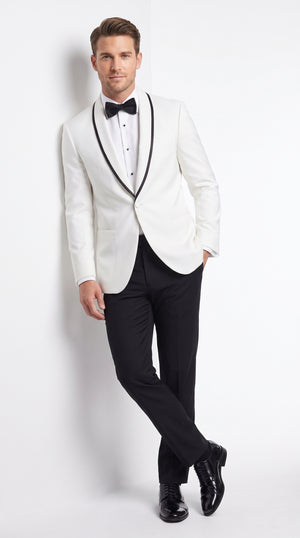 Men’s White and Black Trim Prom Tuxedo Suit, Shawl Collar Wedding Jacket with Pants and Vest