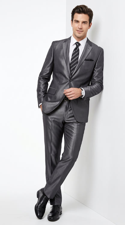 Men’s Gray Silver Sharkskin Suit, Slim Fit Shiny Formal Wedding Business Suit