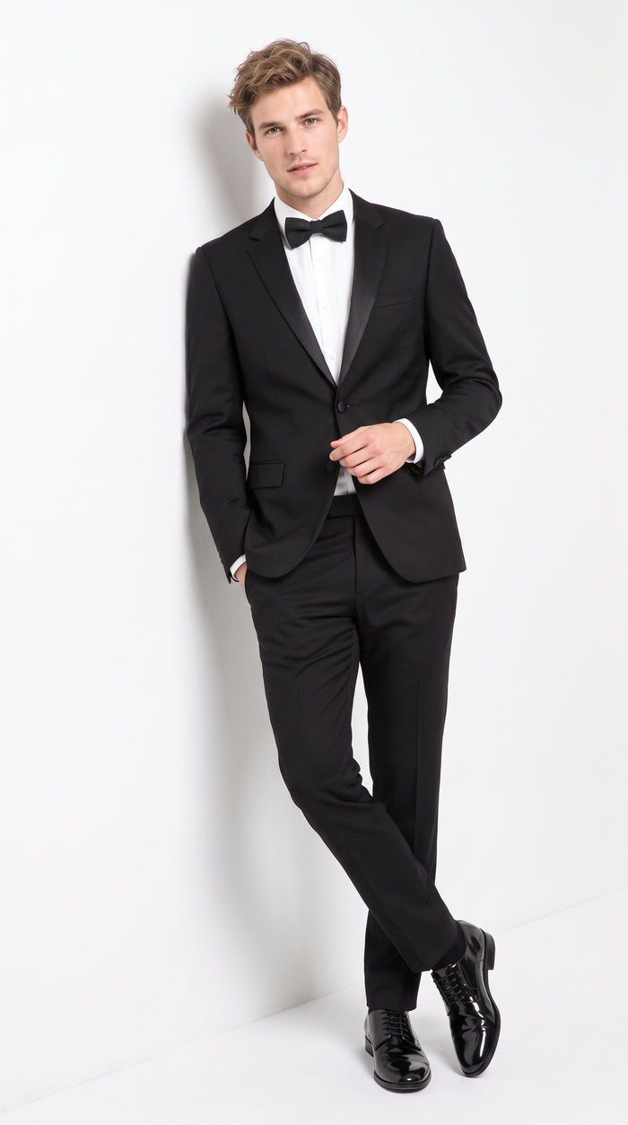 Men’s Black Wool Tuxedo Suit, 2 Button Modern Fit Formal Wedding Prom Tuxedo