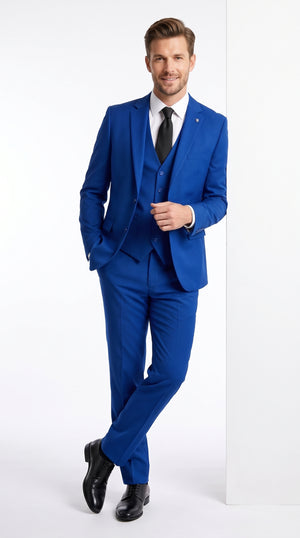 Men's Royal Blue 3-Piece Vested Suit – Solid Color Classic Formal Wedding Prom Business Dress Suit