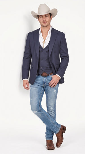 Men’s Navy Western Suit Blazer with Double Breasted Vest, Modern Cowboy Formal Outfit