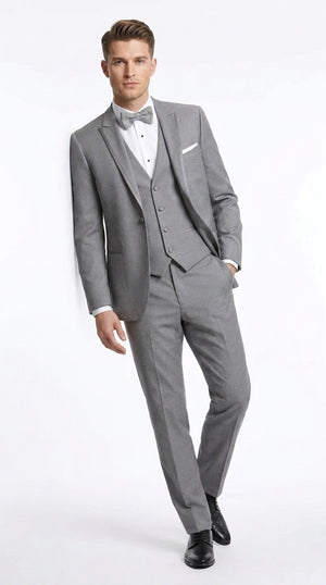 Men’s Light Grey Wedding Tuxedo Suit, Designer Formal Prom Groom Suit with Satin Trim