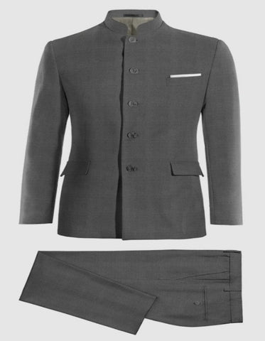 Mandarin Suit - Charcoal Grey Color Banded Collar Suit - Chines Collar in Color Gray