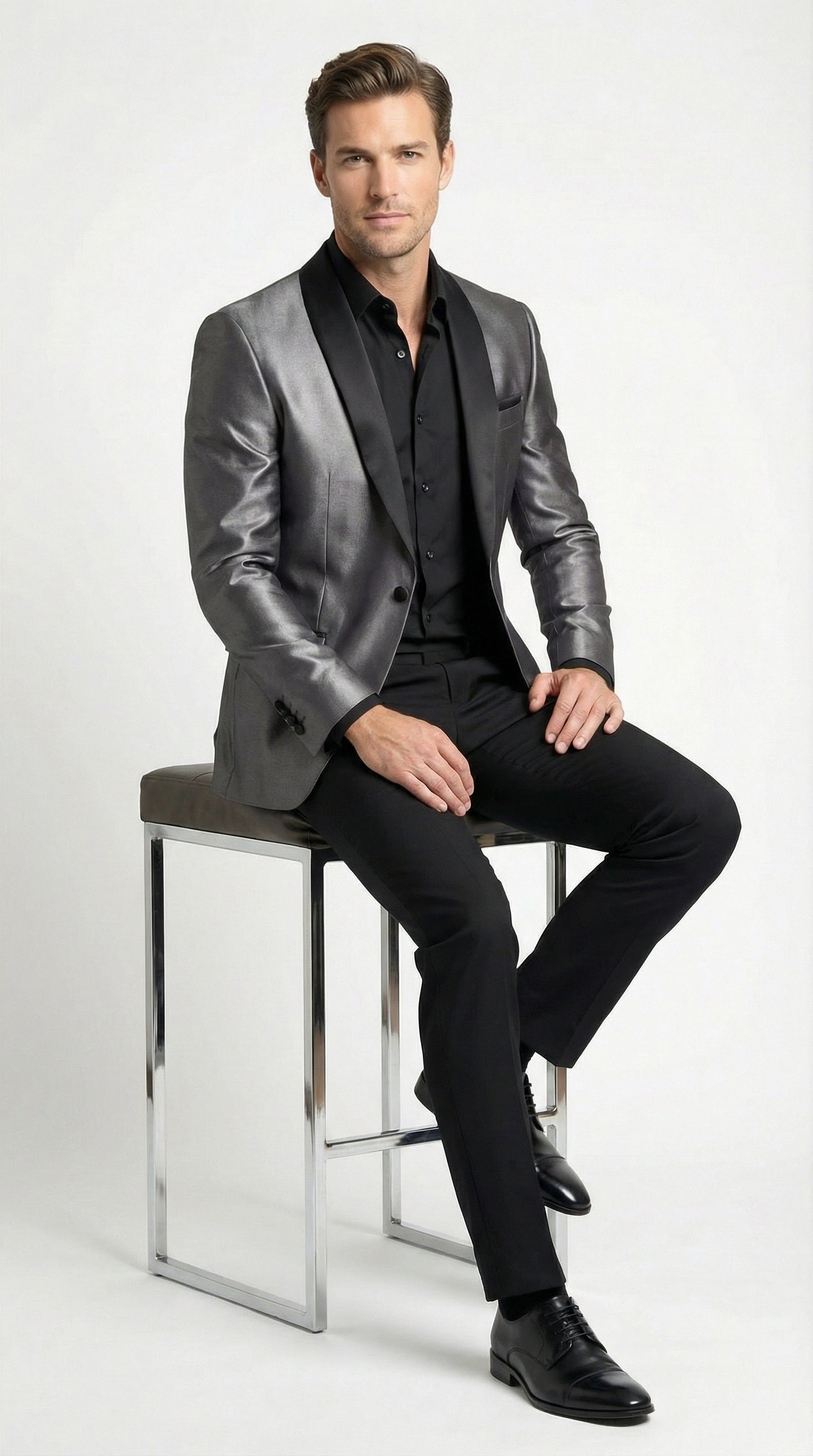 Men’s Shiny Charcoal Grey Blazer –  Sharkskin Dinner Jacket Shawl Collar