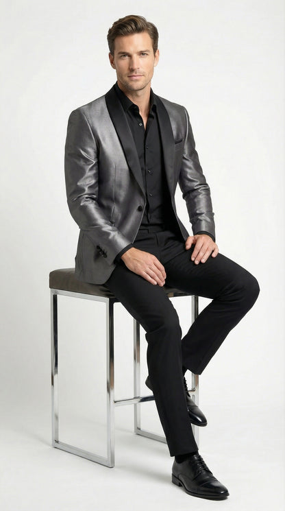 Men’s Shiny Charcoal Grey Blazer –  Sharkskin Dinner Jacket Shawl Collar