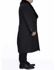 Mens Overcoat - Topcoat For Men - Winter Fabric - Removable Fur Collar Dark Charcoal Grey Ankle length Wool Dress Top Coat/Overcoat - Mens Overcoat - Men's Tuxedo USA