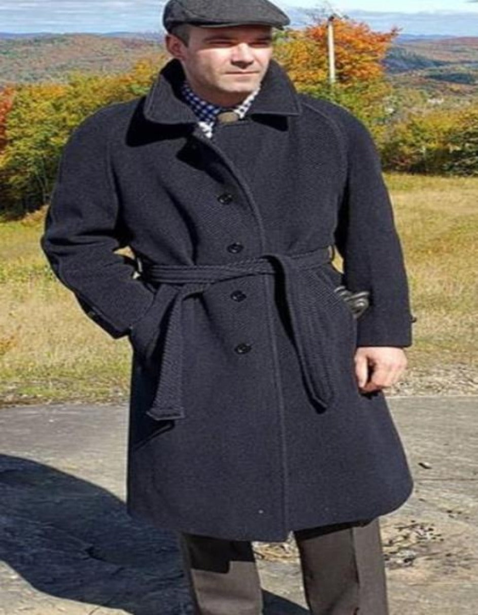 Mens Overcoat - Topcoat For Men - Winter Fabric - Charcoal Grey Belted Overcoat - Wool Topcoat - Full Length men's Coat - men's Longs Coat - Men's Tuxedo USA