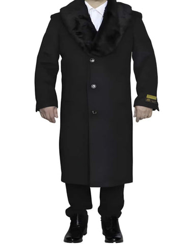 Mens Overcoat - Topcoat For Men - Winter Fabric - Removable Fur Collar Dark Charcoal Grey Ankle length Wool Dress Top Coat/Overcoat - Mens Overcoat - Men's Tuxedo USA