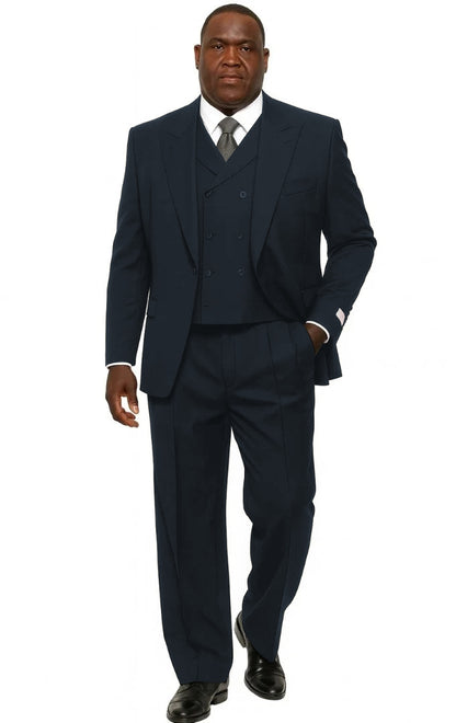 Mens Tiglio Rosso Suit - Wide Leg Baggy Pants - 100% Wool  Black Three-Piece Suit with Double-Breasted Vest and Peak Lapel