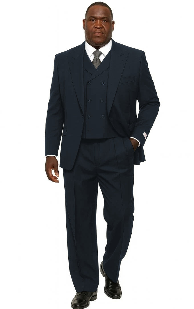 Mens Tiglio Rosso Suit - Wide Leg Baggy Pants - 100% Wool  Black Three-Piece Suit with Double-Breasted Vest and Peak Lapel