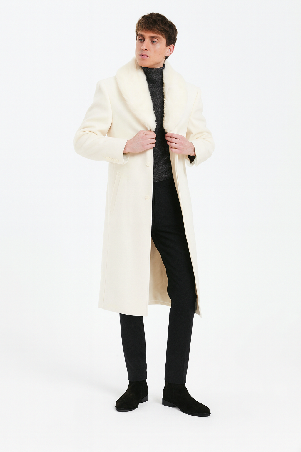 Mens Ivory - Cream - Off White Full-Length Overcoat with Luxurious Faux Fur Shawl Collar  Winter Dress Coat