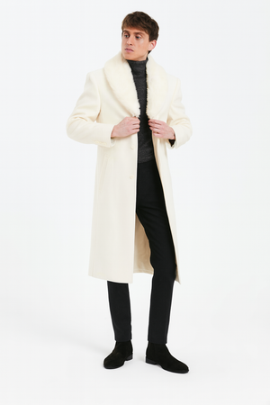 Mens Ivory Full-Length Overcoat with Luxurious Faux Fur Shawl Collar  Winter Dress Coat