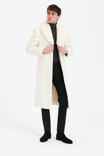 Mens Ivory Full-Length Overcoat with Luxurious Faux Fur Shawl Collar  Winter Dress Coat