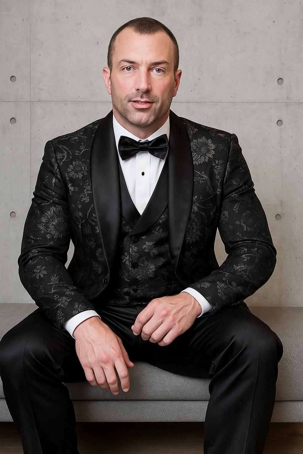 Men's black paisley lace print vested tuxedo for prom & wedding with satin lapel and bowtie