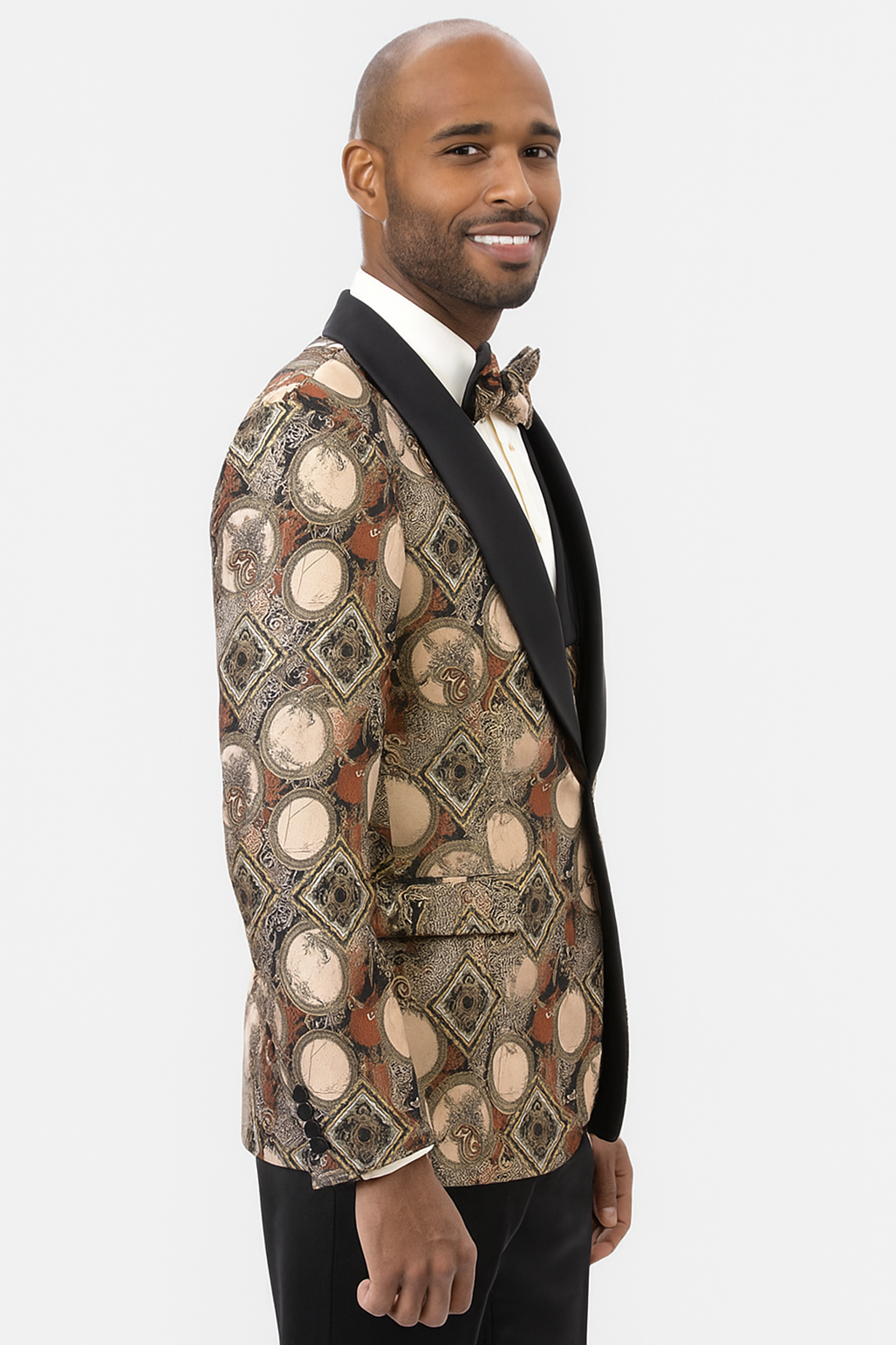 Men's Rust Geometric Pattern Tuxedo with Vest & Bowtie  One Button Formal Suit