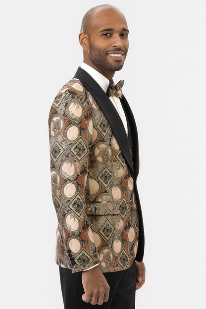 Men's Rust Geometric Pattern Tuxedo with Vest & Bowtie  One Button Formal Suit