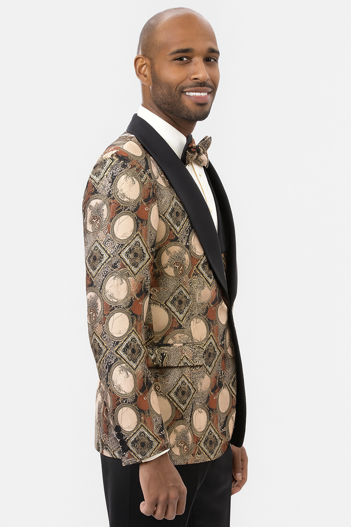 Men's Rust Geometric Pattern Tuxedo with Vest & Bowtie  One Button Formal Suit