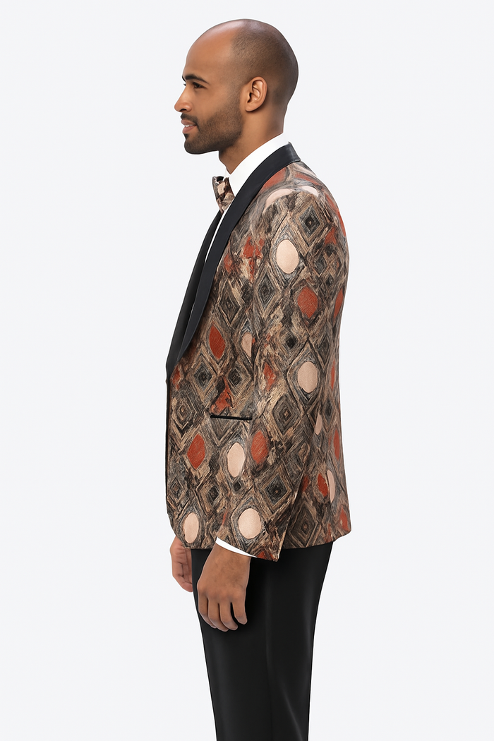 Men's Rust Geometric Pattern Tuxedo with Vest & Bowtie  One Button Formal Suit