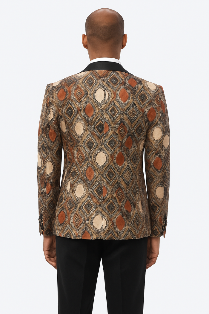 Men's Rust Geometric Pattern Tuxedo with Vest & Bowtie  One Button Formal Suit