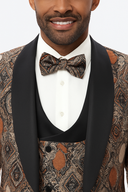 Men's Rust Geometric Pattern Tuxedo with Vest & Bowtie  One Button Formal Suit