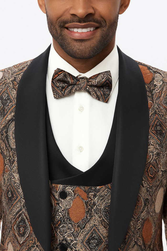 Men's Rust Geometric Pattern Tuxedo with Vest & Bowtie  One Button Formal Suit