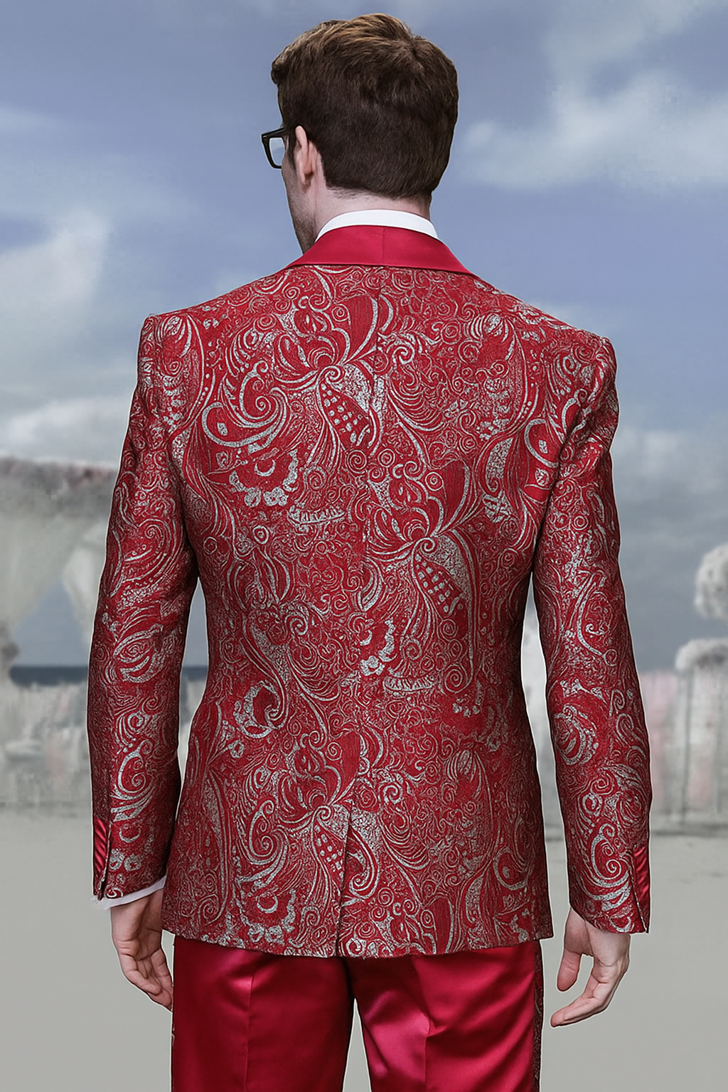 Mens Red Paisley Brocade Prom Tuxedo with Vested Double Breasted Suit  Wedding Ready