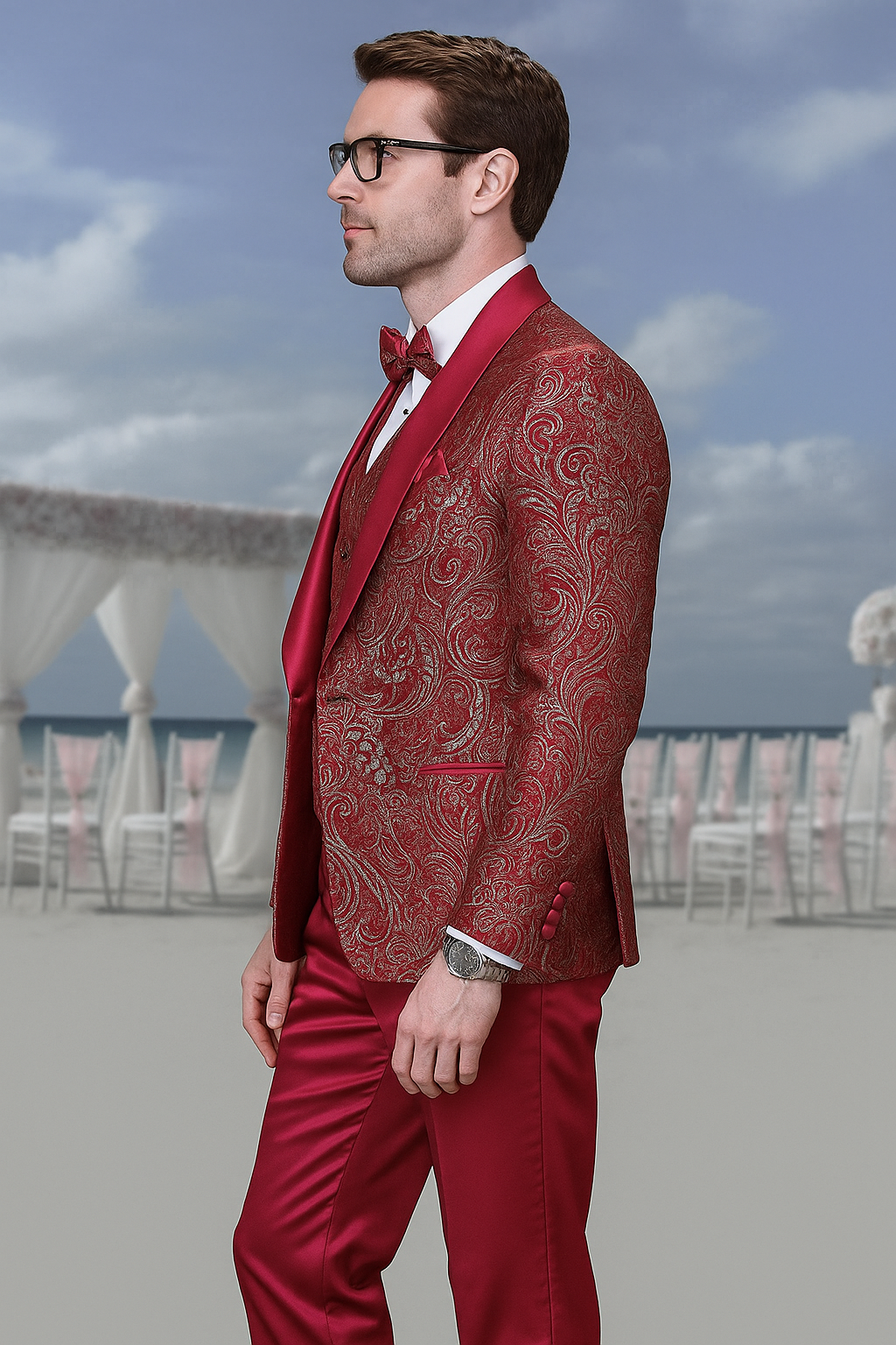 Mens Red Paisley Brocade Prom Tuxedo with Vested Double Breasted Suit  Wedding Ready
