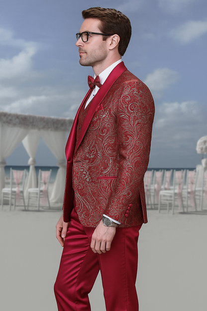 Mens Red Paisley Brocade Prom Tuxedo with Vested Double Breasted Suit  Wedding Ready