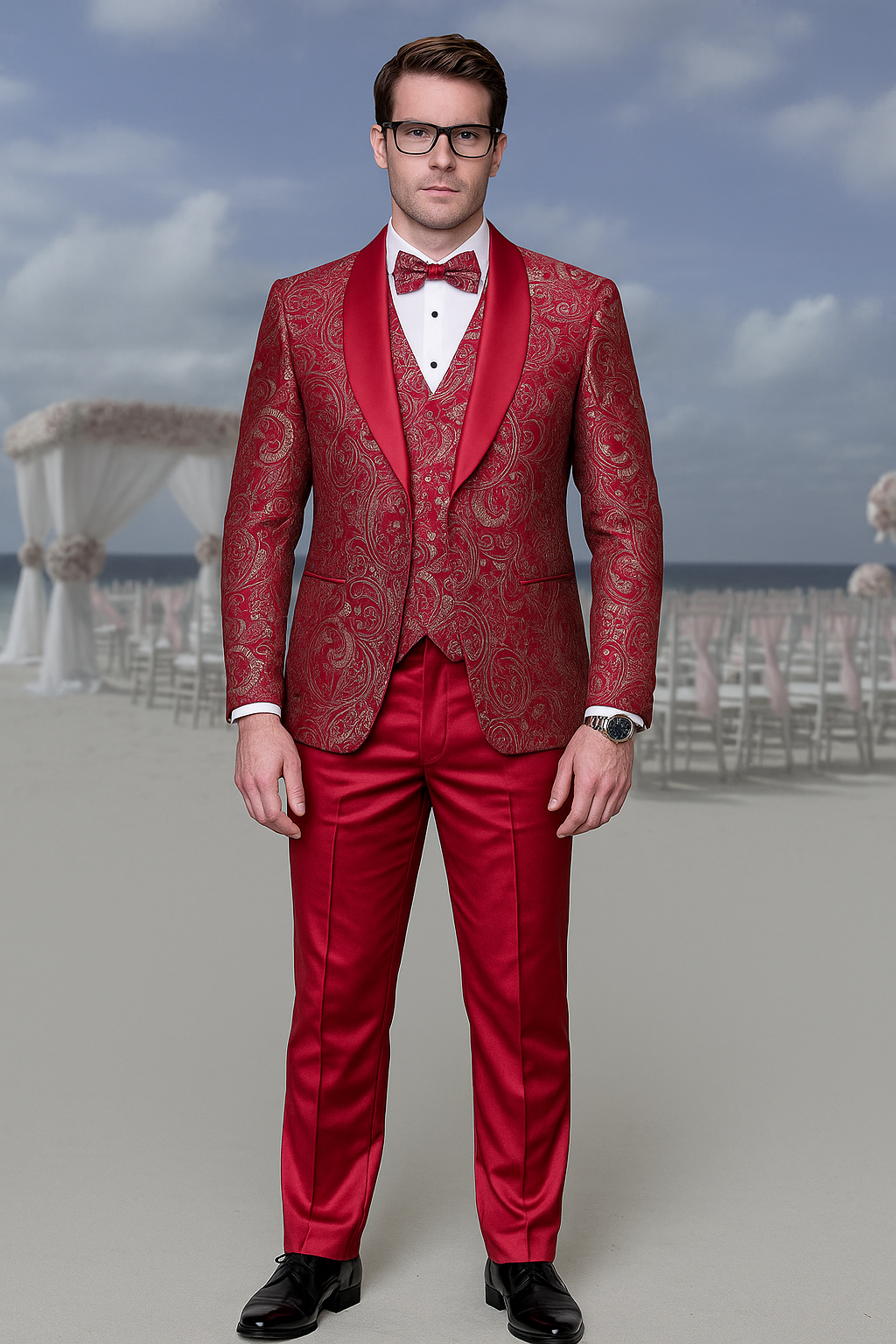Mens Red Paisley Brocade Prom Tuxedo with Vested Double Breasted Suit  Wedding Ready