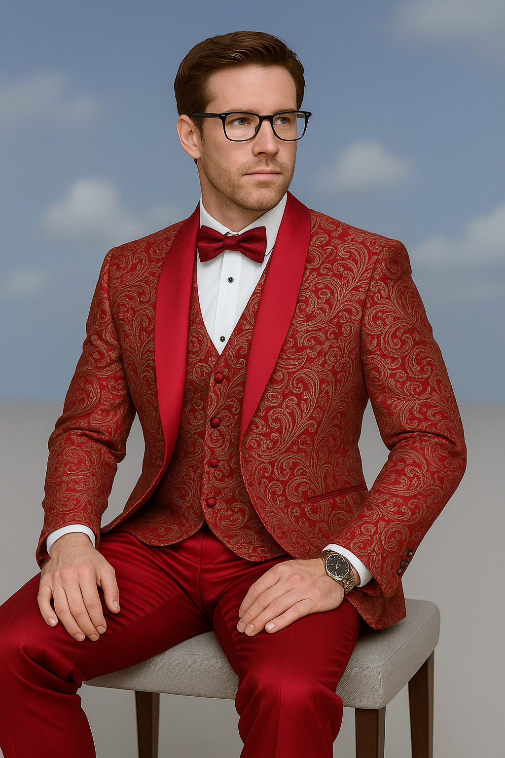Mens Red Paisley Brocade Prom Tuxedo with Vested Double Breasted Suit  Wedding Ready