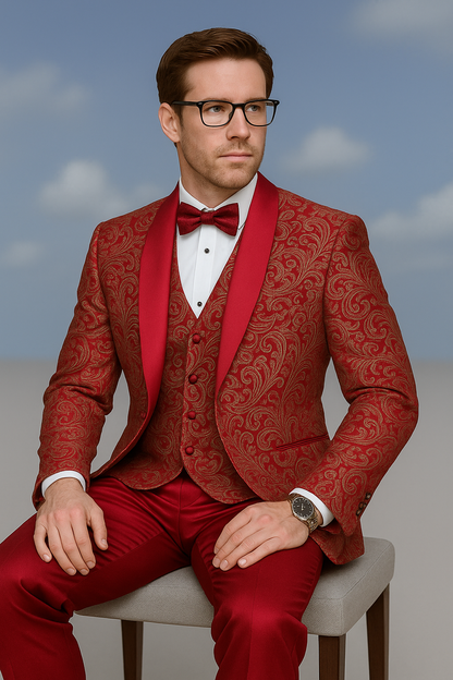 Mens Red Paisley Brocade Prom Tuxedo with Vested Double Breasted Suit  Wedding Ready