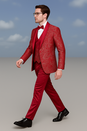 Mens Red Paisley Brocade Prom Tuxedo with Vested Double Breasted Suit  Wedding Ready