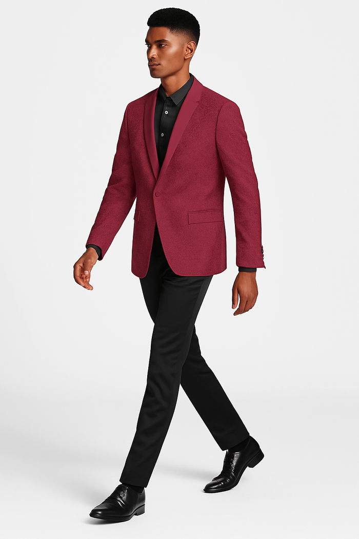 Burgundy paisley slim fit tuxedo jacket  men's wedding & prom blazer with satin shawl lapel