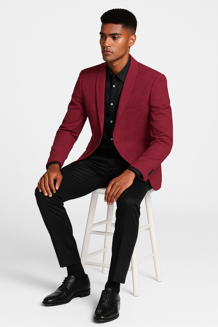 Burgundy paisley slim fit tuxedo jacket  men's wedding & prom blazer with satin shawl lapel