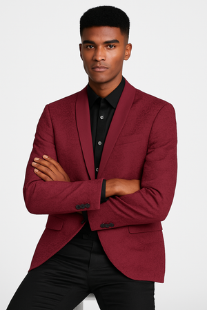 Burgundy paisley slim fit tuxedo jacket  men's wedding & prom blazer with satin shawl lapel