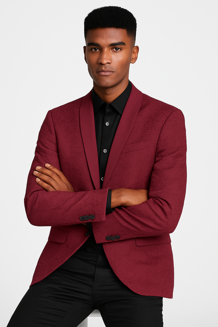 Burgundy paisley slim fit tuxedo jacket  men's wedding & prom blazer with satin shawl lapel