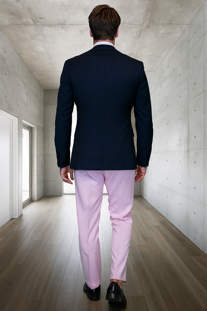 Mens Black and Pink Wool Tuxedo  Designer Vested Tuxedo with Contrast Satin Peak Lapel for Wedding & Prom