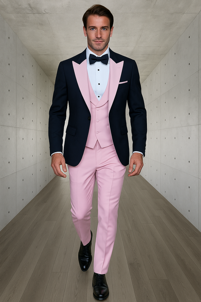Mens Black and Pink Wool Tuxedo  Designer Vested Tuxedo with Contrast Satin Peak Lapel for Wedding & Prom