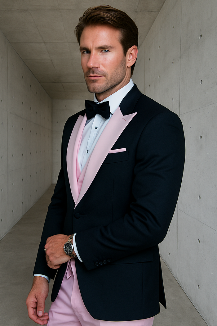 Mens Black and Pink Wool Tuxedo  Designer Vested Tuxedo with Contrast Satin Peak Lapel for Wedding & Prom
